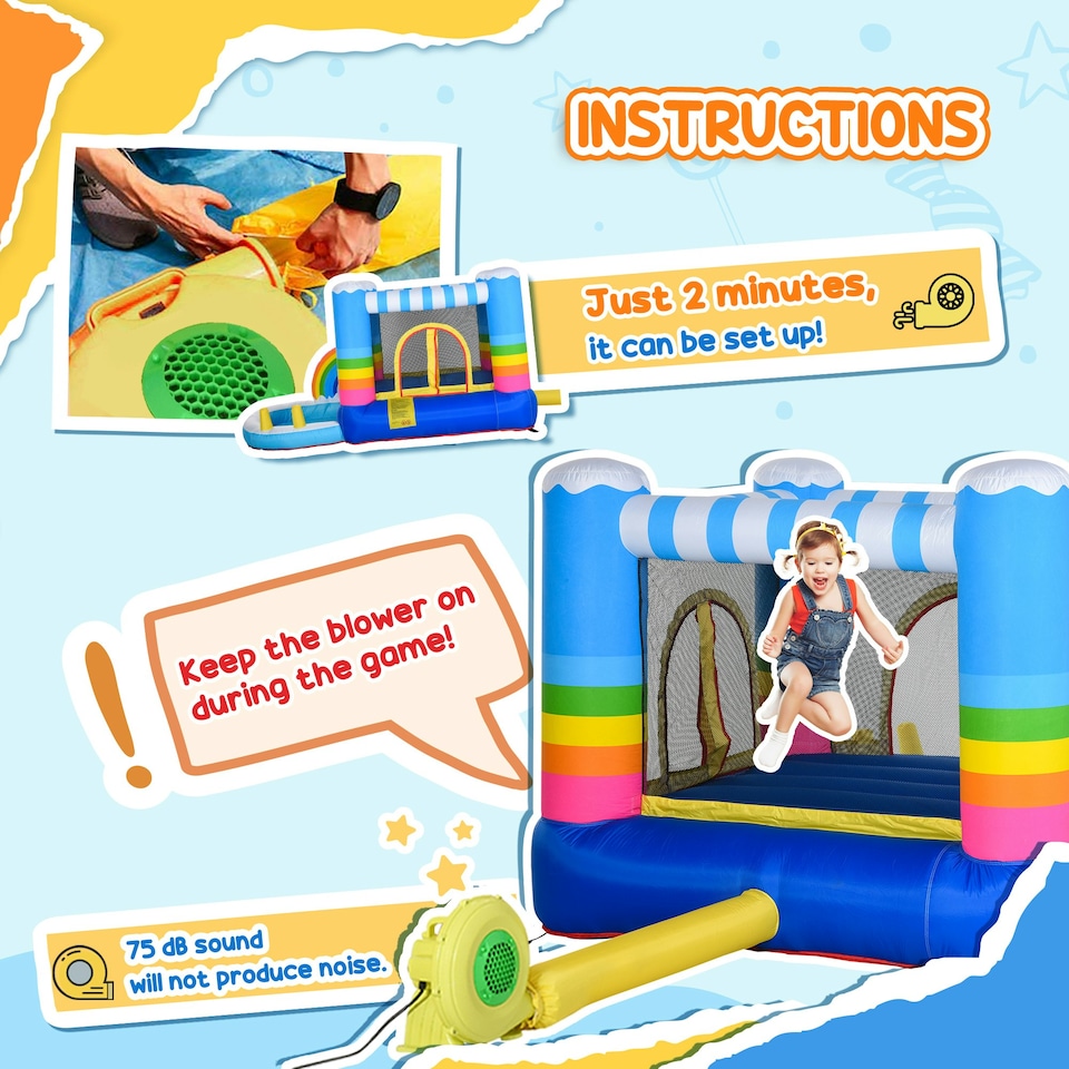 image 1 of Outsunny Kids Bouncy Castle with Pool Outdoor Trampoline W/ Net Blower 3-8 Yrs
