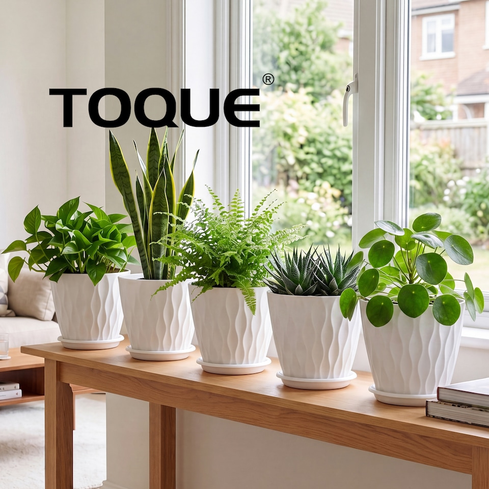 image 1 of TOQUE Plant Pots,5Pc 8 Inch Plant Pots Indoor,Drainage,PP Plastic,White