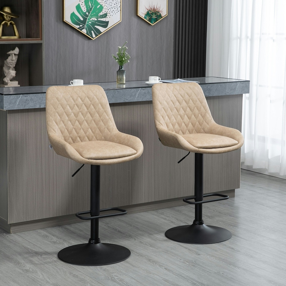 image 1 of HOMCOM Bar Stools Set of 2, Adjustable Bar Chairs 360 Degree Swivel, Khaki
