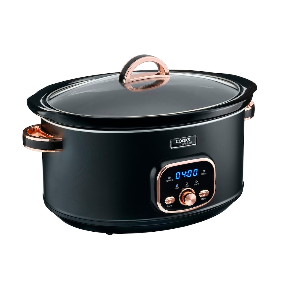 image 1 of Cooks Professional Digital Slow Cooker 6.5L with Dishwasher Safe Bowl, 2 Heat Settings, Keep Warm & Delay Functions | Black & Rose Gold