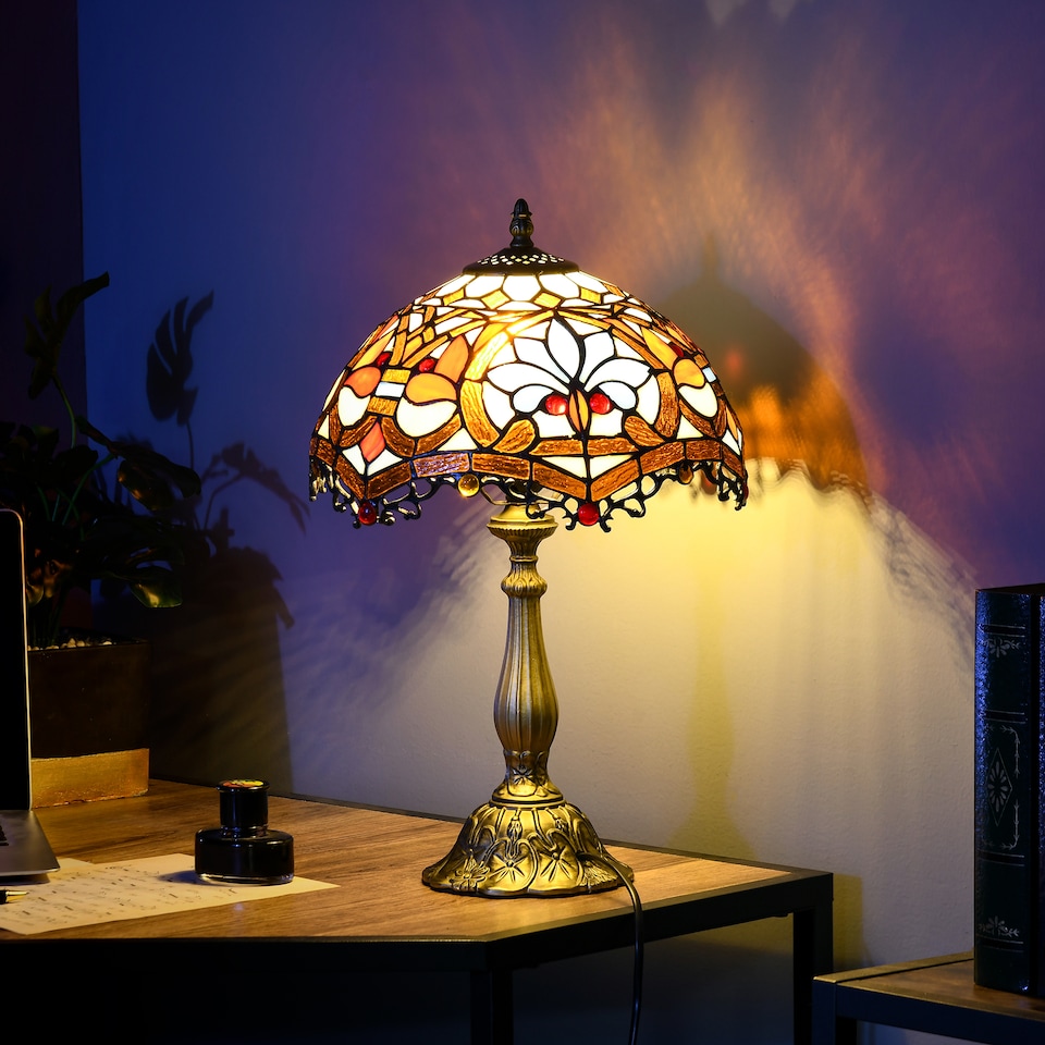 image 1 of HOMCOM Stained Glass Table Lamp, Handcrafted Artisan Collectible, Suitable for Living Room and Bedside, MultiColoured, 26 x 45Hcm, Zinc Alloy.