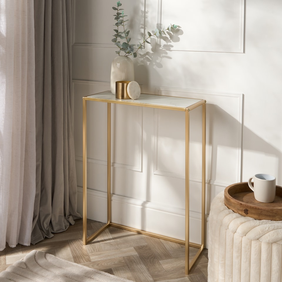 image 1 of OHS Marble Look Top Slim Console Table with Gold Sturdy Metal Frame, White | White | White Marble/Gold