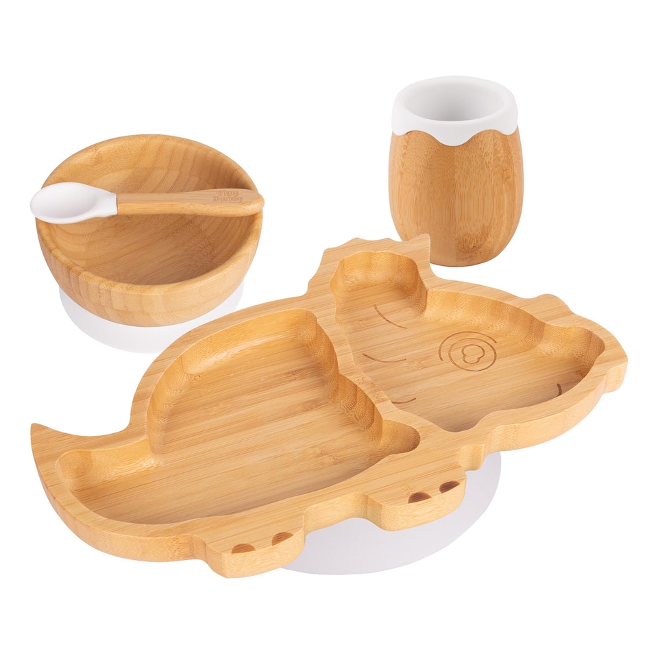 image 1 of Tiny Dining 4pc Dinosaur Bamboo Suction Baby Feeding Set - White