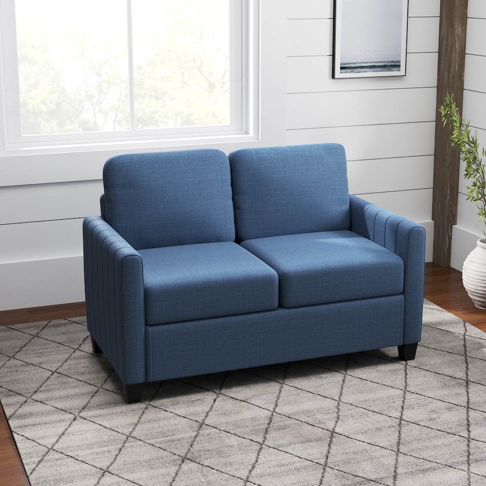 image 1 of HOMCOM 2 Seater Sofa, Channel Tufted Modern Fabric Couch, Comfy Upholstered Small Sofa Loveseat with Spring Cushion, Back Pillow, for Living Room, Bedroom, Office, Blue | Blue | One Size