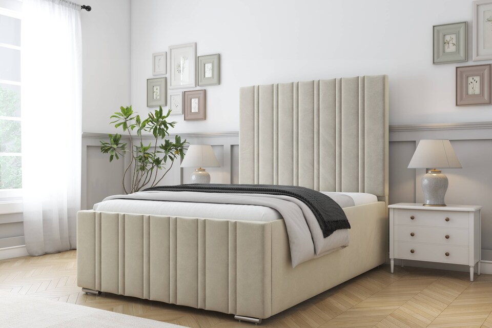 image 1 of Sloomy Radcliffe Cream Plush Bed Frame With 50" Upholstered Headboard 6' Super King