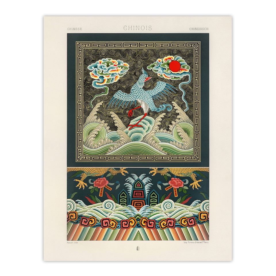 image 1 of Chinese Patterns with Birds Racinet Vintage Huge Wall Art Print 18X24 In