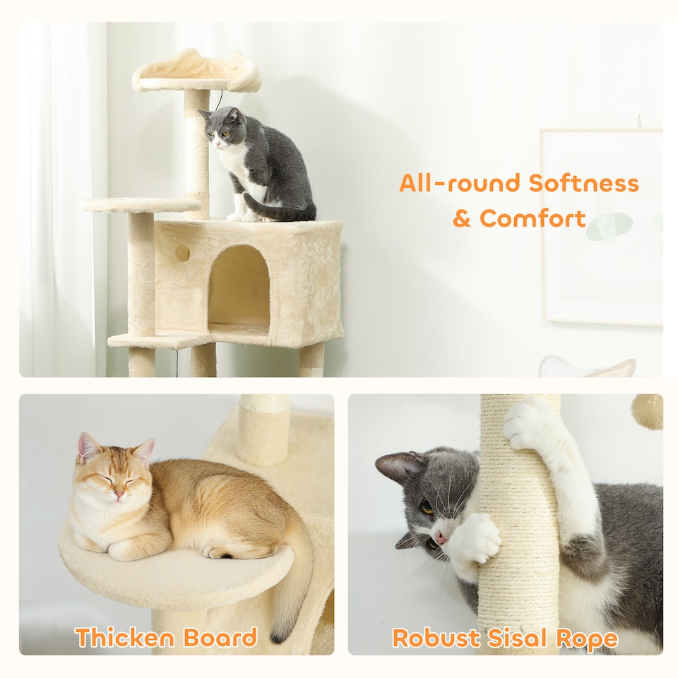 image 1 of PawHut 140cm Cat Tree Tower with Sisal Scratching Posts, Condos, Beige
