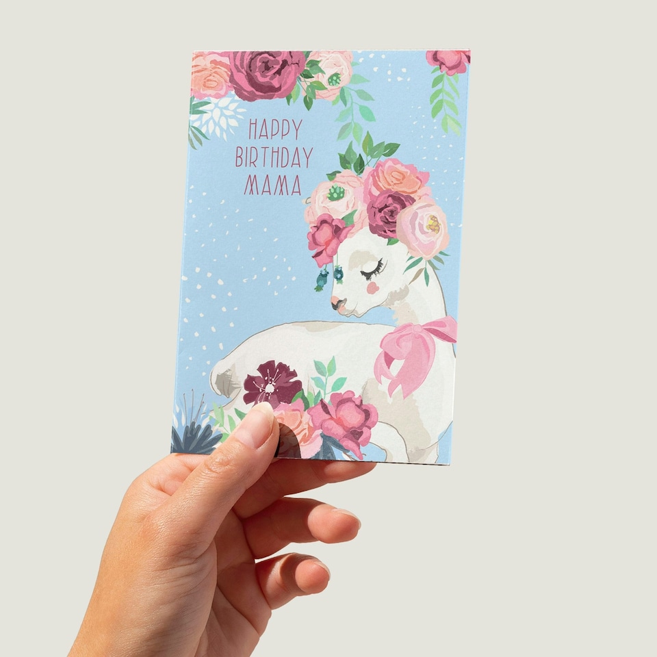 image 1 of Blue Happy Birthday Mama Llama with Rose Flowers Greeting Card