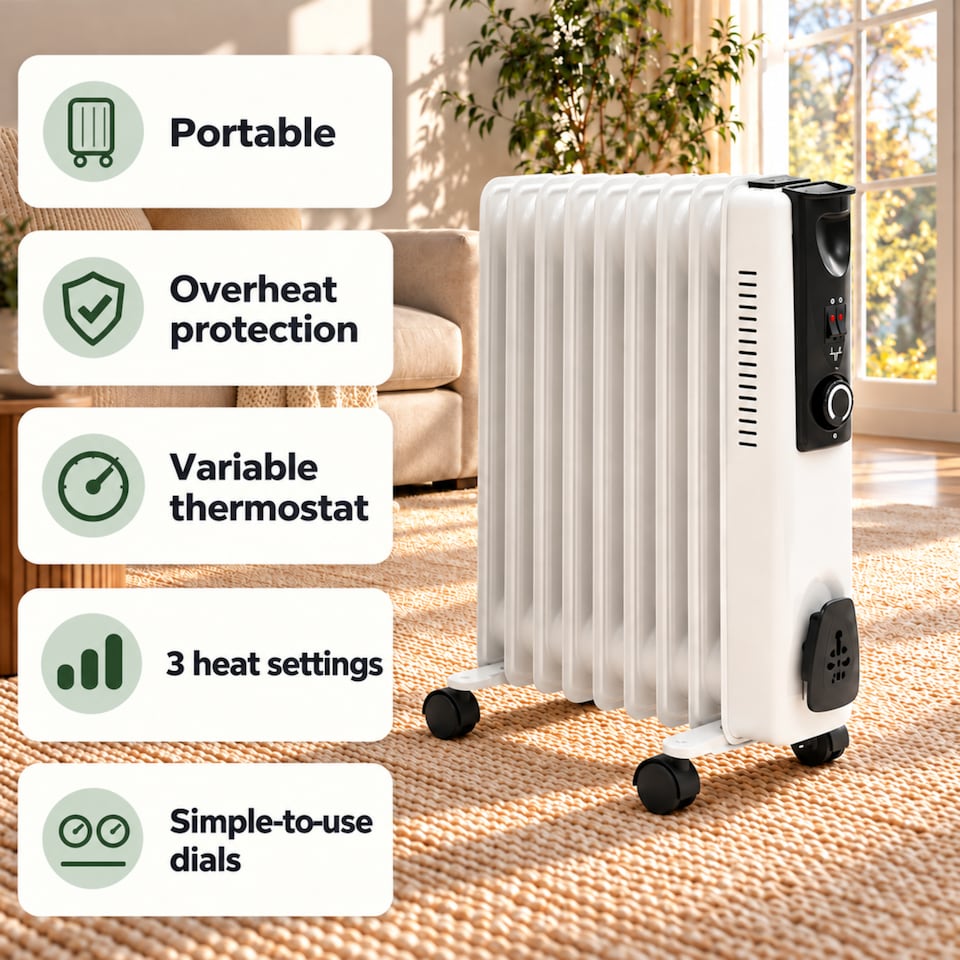image 1 of EMtronics 9 Fin Oil Filled Heater Radiator - White