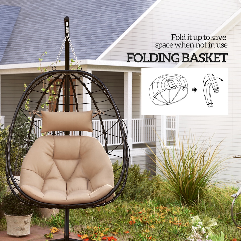 image 1 of Outsunny Garden Egg Chair Outdoor Hanging Swing Chair, Folding Basket, Khaki