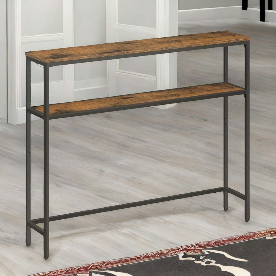 image 1 of Industrial Slim Console Table With 2 Shelves Rustic Brown Brown