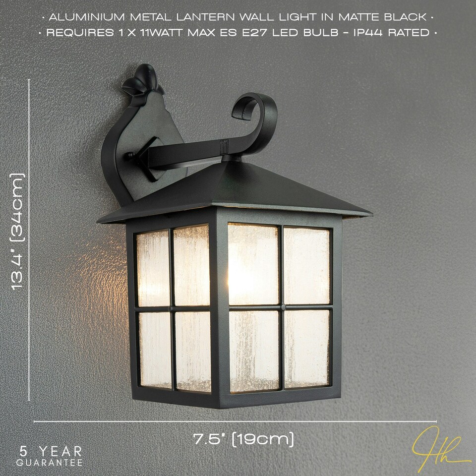 image 1 of Classic Matte Black Die-Cast Aluminium Metal Exterior Lantern Wall Light Fitting