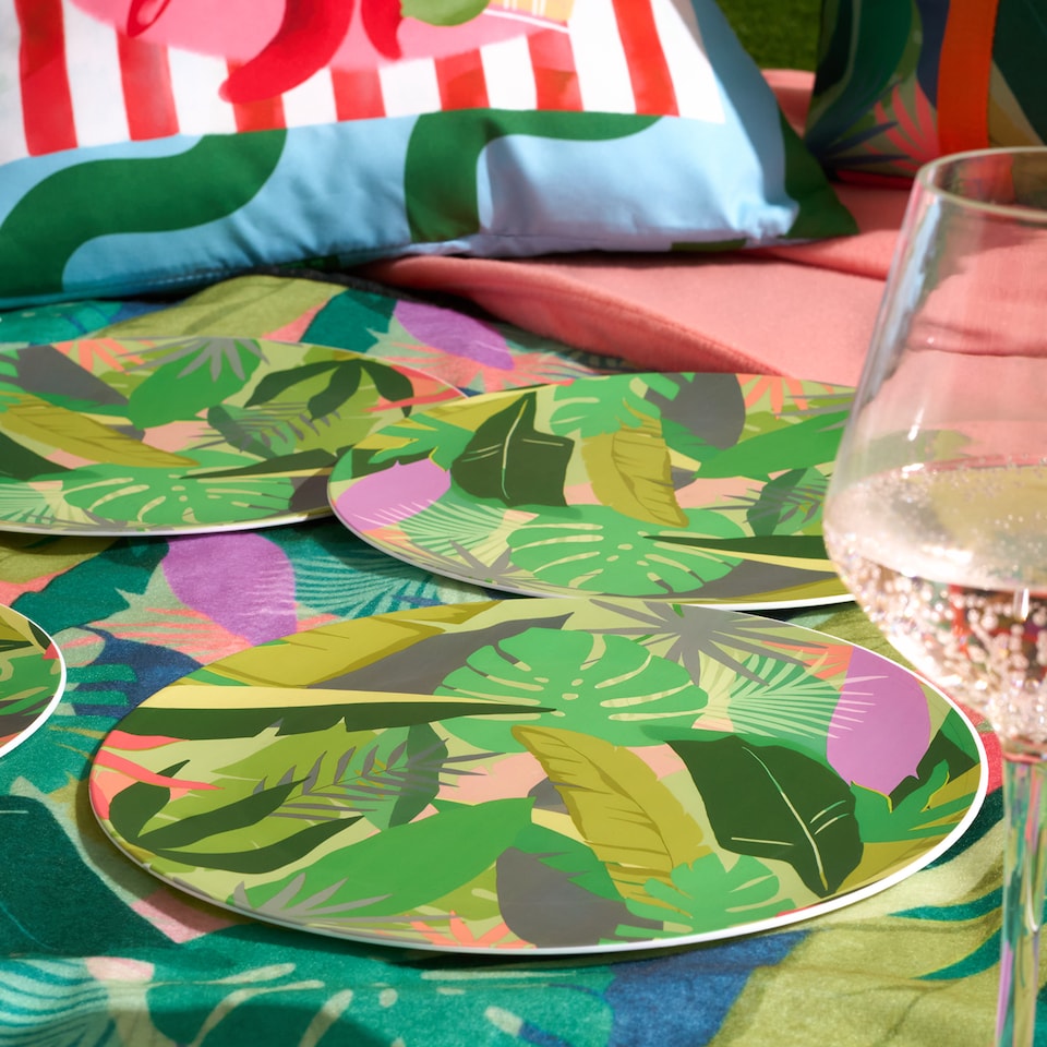image 1 of OHS Summer Print Plastic Picnic Plates Set of 4 Lightweight Outdoor | Green | Colourful Palm