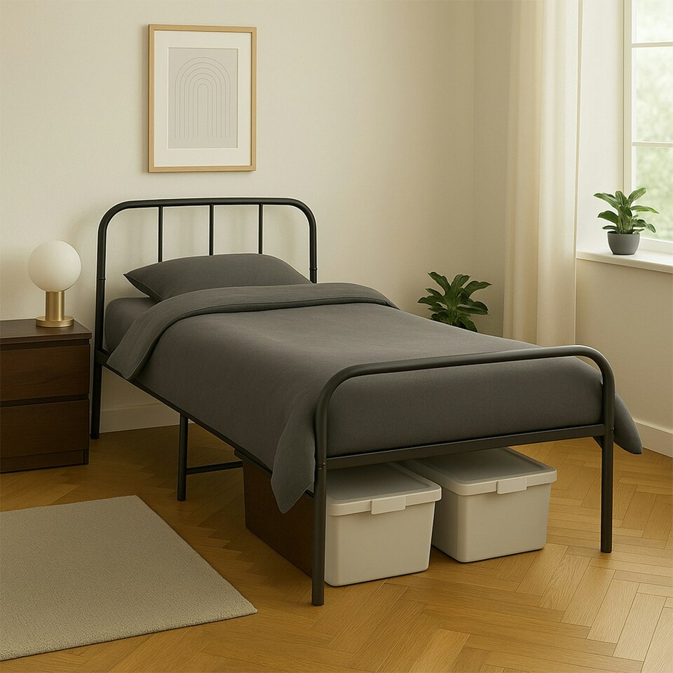 image 1 of Single Bed Frame Metal Rounded Headboard Easy Assembly Under Bed Base Storage Space