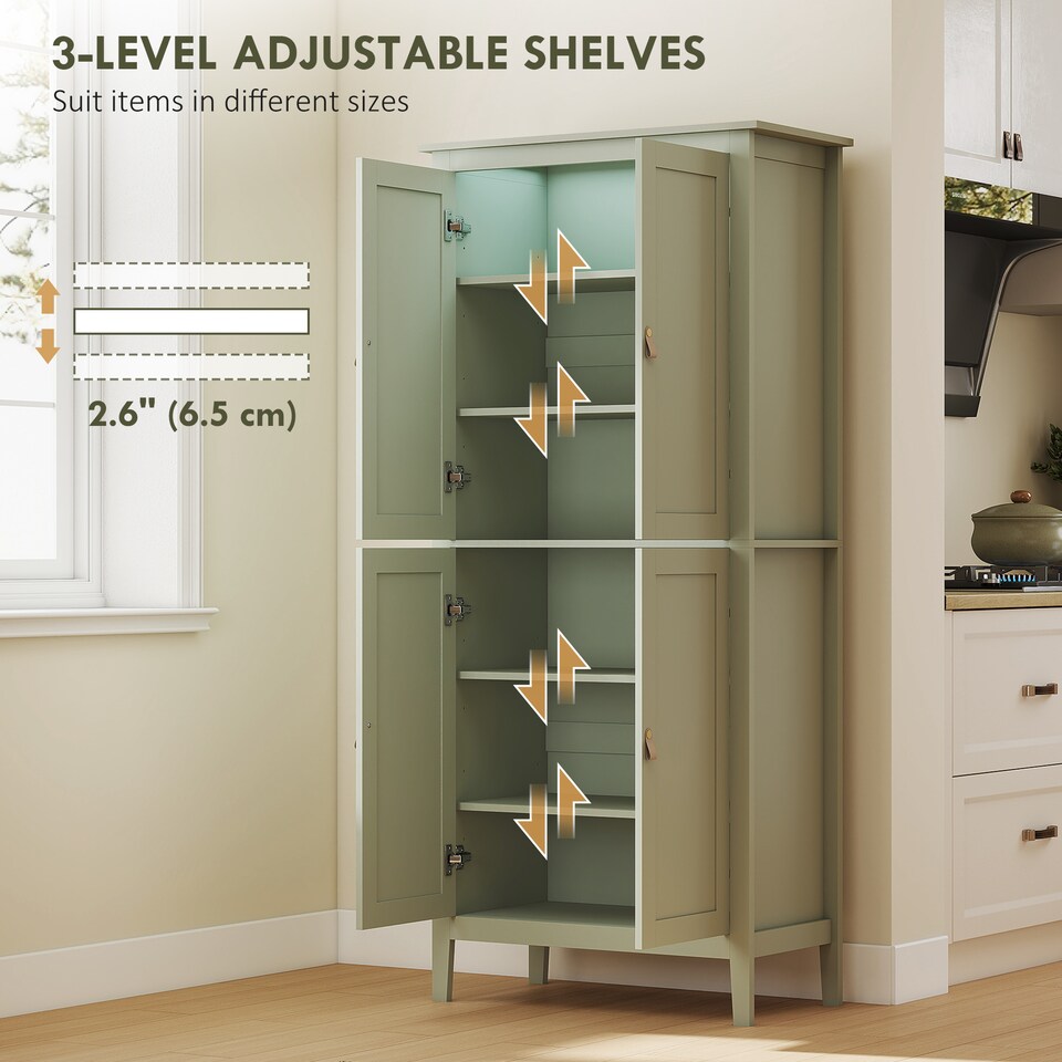 image 1 of HOMCOM 176.5 cm Tall Freestanding Pantry Storage Cabinet with 4 Doors Green