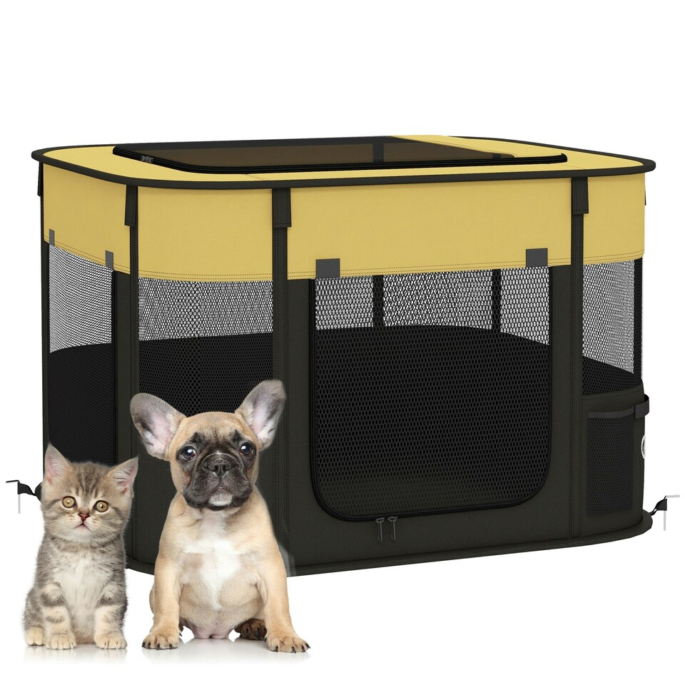 image 1 of PawHut Portable Dog Pen for Puppies, Rabbits, Kittens, Guinea Pigs - Yellow