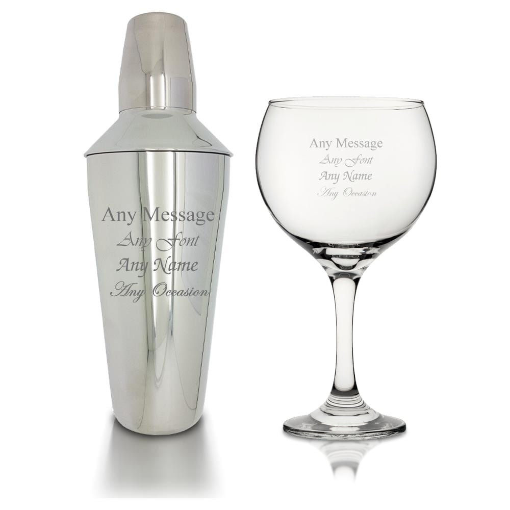 Uniqueful Personalised Cocktail Shaker with Strainer & Gin Balloon Glass in Silver