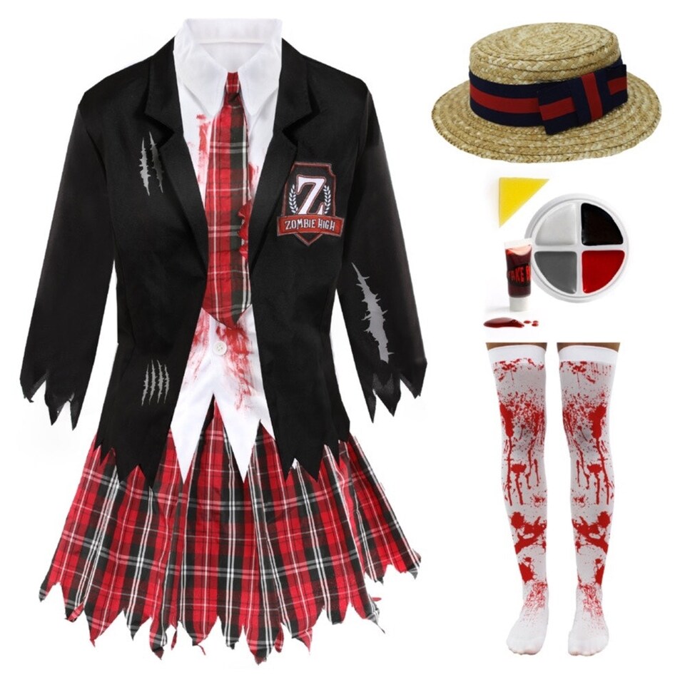 image 1 of Zombie Schoolgirl Costume With Stockings, Facepaint, Blood & Boater Multi | XS