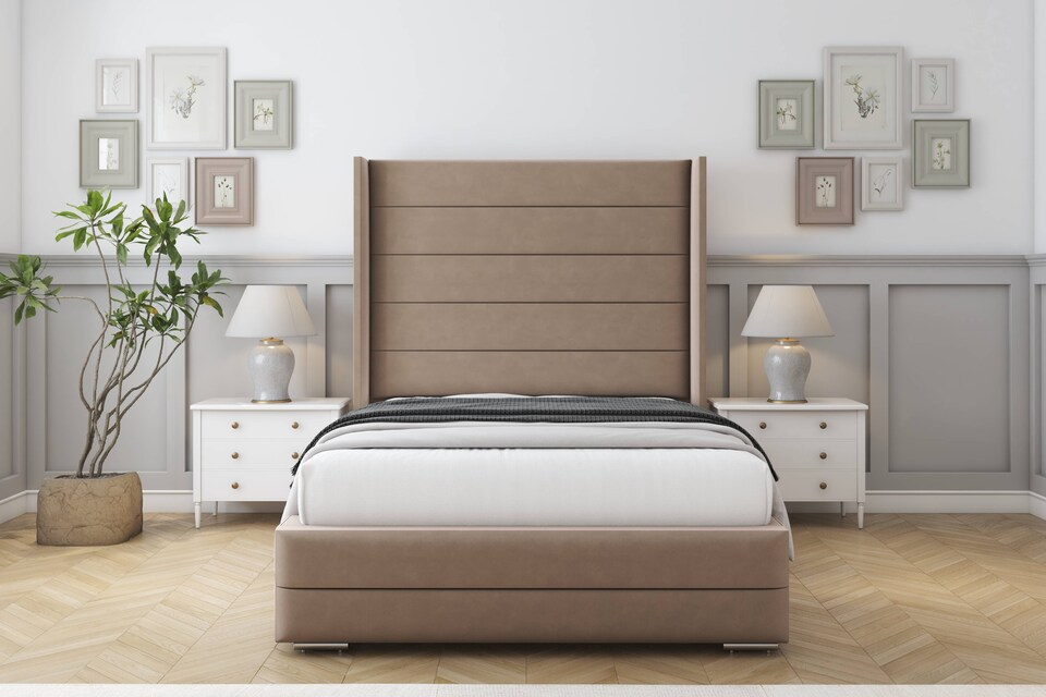 image 1 of Sloomy Sterling Mink Plush Bed Frame With Mattress With 50"  Upholstered Wingback Headboard 4' Small Double