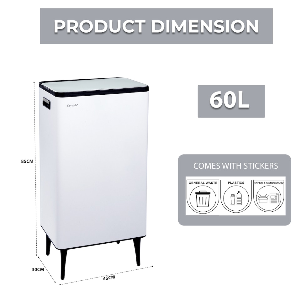 image 1 of 60L Dual Compartment Kitchen Waste Bin White Rubbish Waste Separator with Press Top Lid