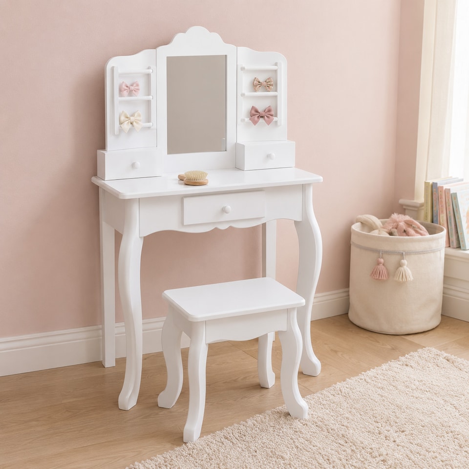 image 1 of Teamson Kids Wooden Kids Vanity Table and Stool Set, White with Drawers