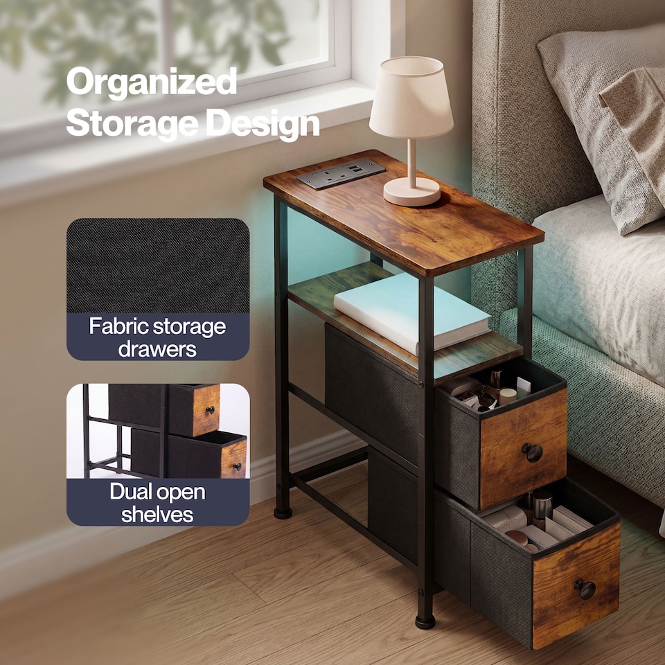 image 1 of Levede Bedside Table Narrow Side Table with LED Charging Station Storage Brown