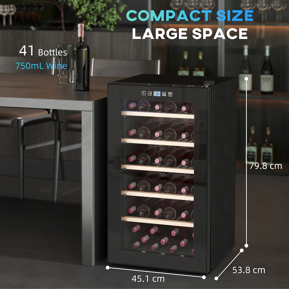 image 1 of HOMCOM 41 Bottle Wine Fridge, 91 Litre Capacity, 45cm Freestanding Wine Cooler Fridge with Glass Door, LED Light, Digital Touch Screen, Temperature Control, Black | Black
