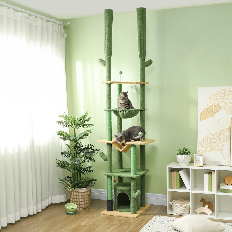 image 1 of PawHut Cat Tower 225-255cm Adjustable with Sisal Posts Hammocks, Green