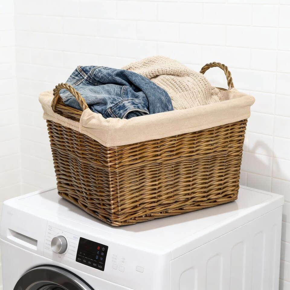 image 1 of Wickerfield Wicker Laundry Basket with Lining, Large Storage Basket with Handle, Home Storage for Washing, Toys, Nursery (Brown, Rectangular, Large)