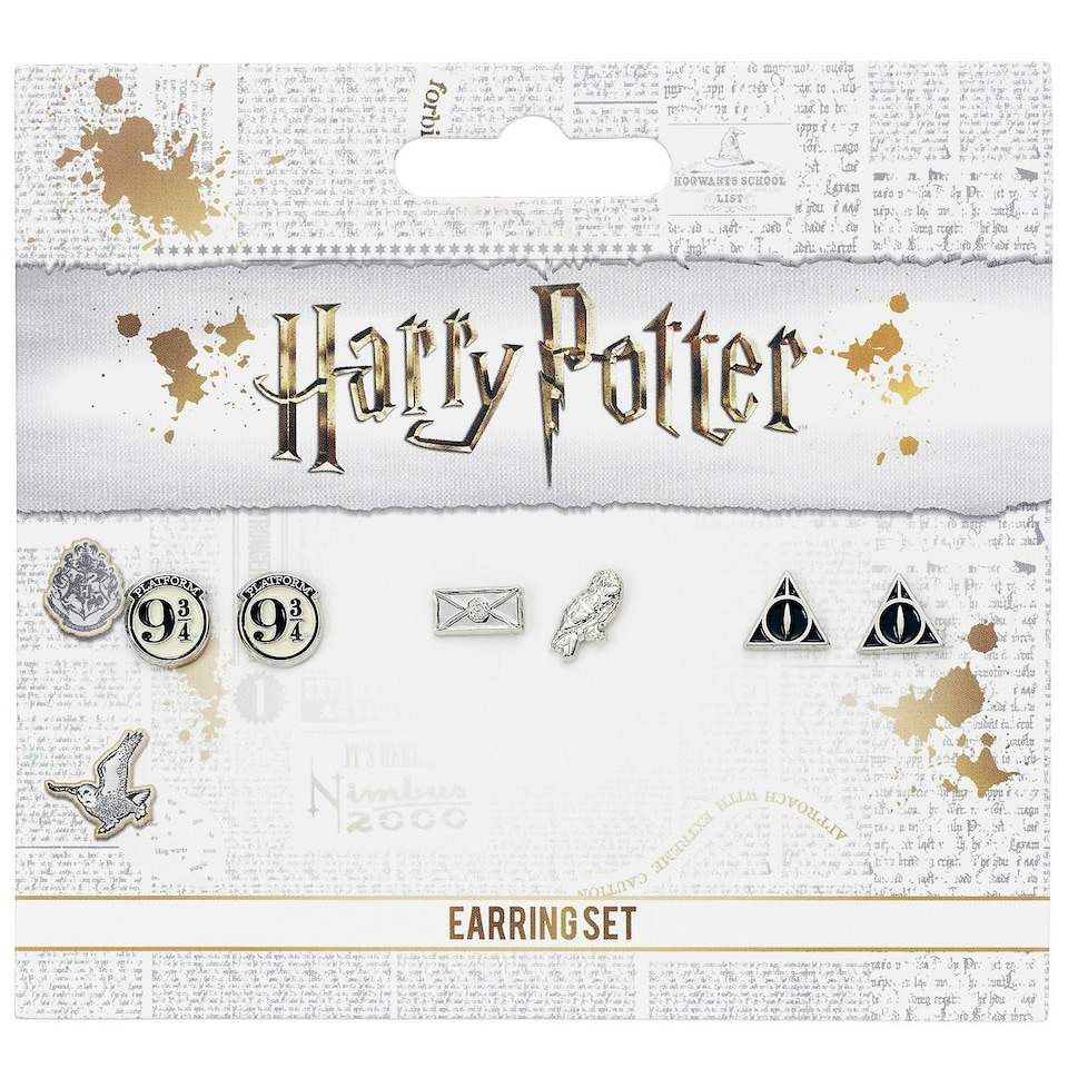 image 1 of Official Harry Potter Stud Earring Set including Platform 9 3/4, Hedwig & Letter, and the Deathly Hallows earrings WE0107