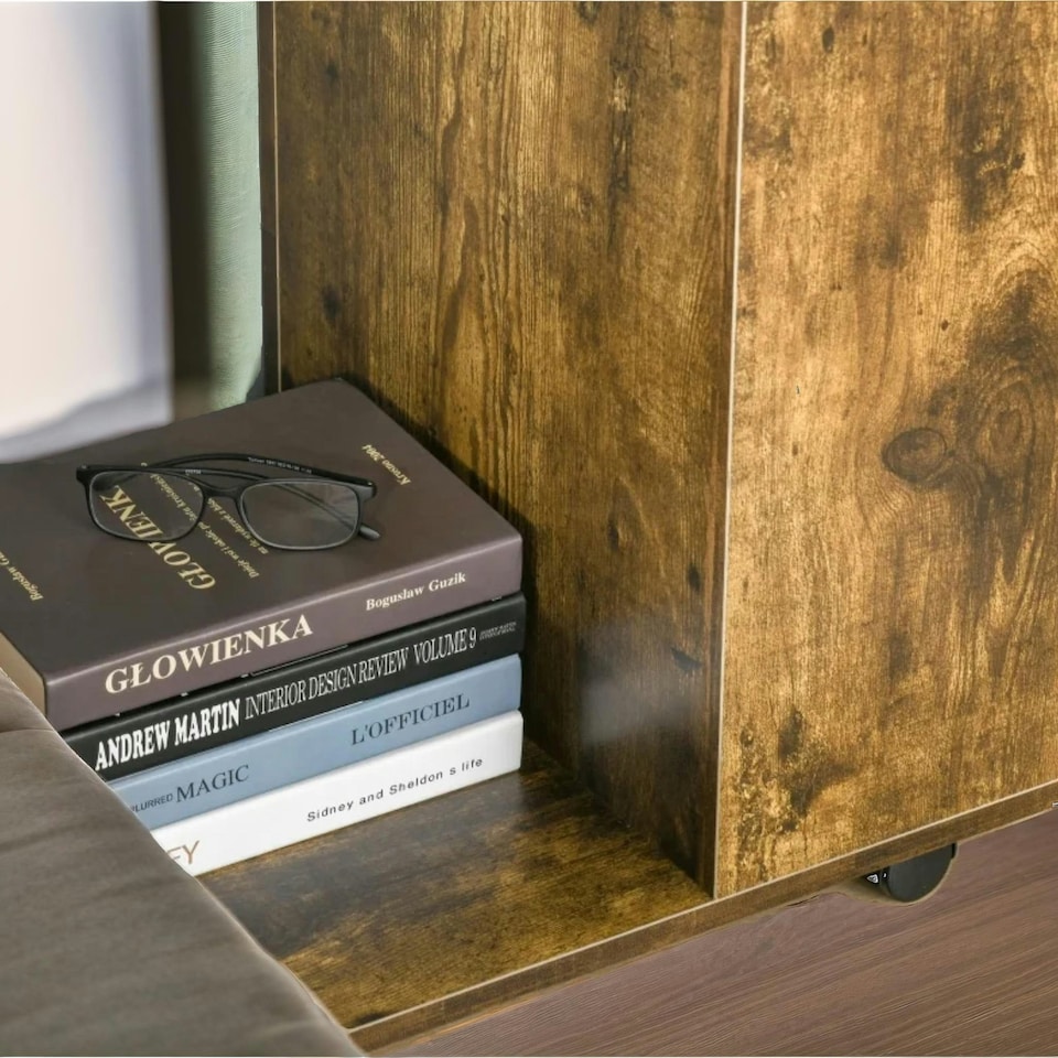 image 1 of Industrial Brown C Shaped Side Table With Storage & Wheels Brown