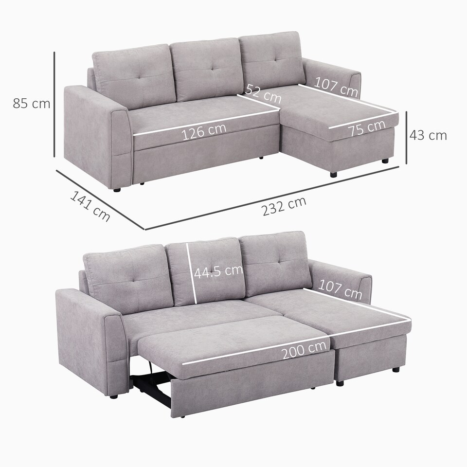 image 1 of HOMCOM 3 Seater Sofa Bed, L Shaped Pull Out Sofa Bed with Storage, Convertible Click Clack Settee Sectional Sleeper Futon for Living Room, Office, Grey