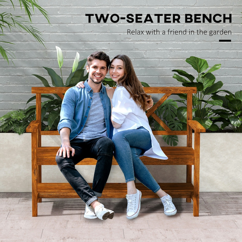 image 1 of Outsunny 2-Seater Garden Bench Wooden Outdoor Bench Carbonized
