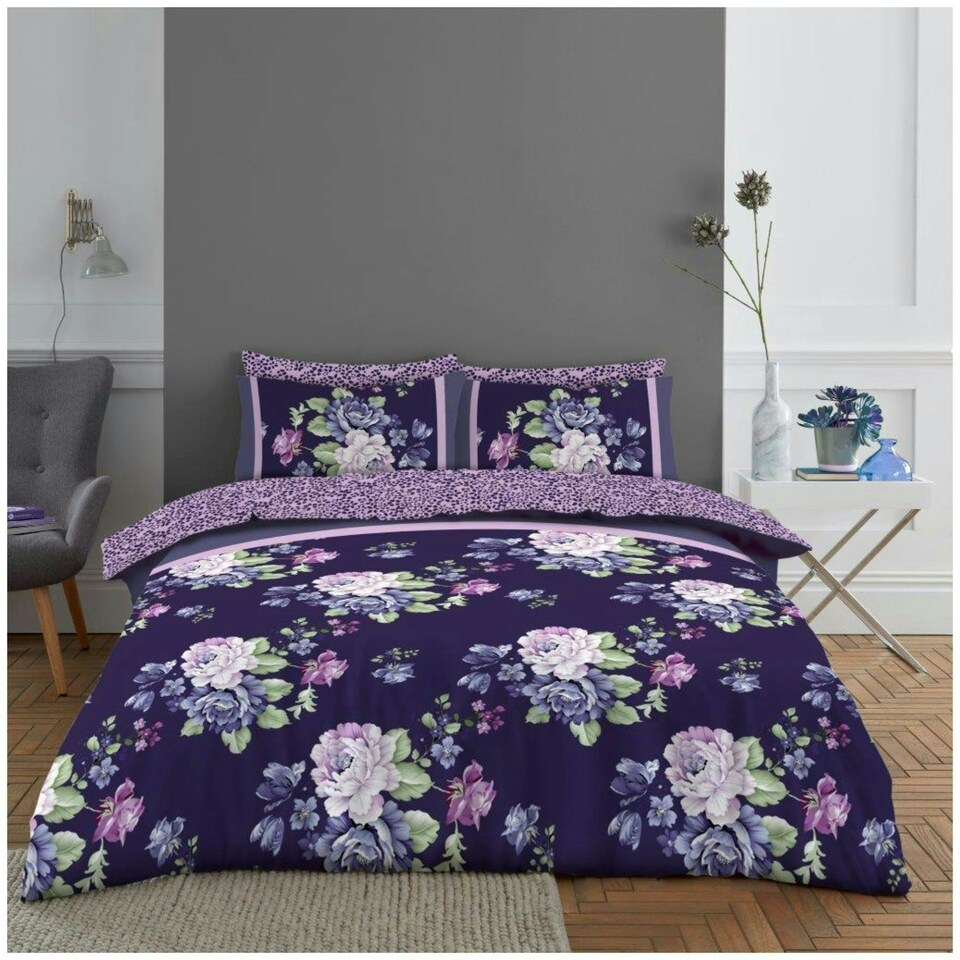 image 1 of VELVETIO Hayley Complete Duvet Cover Set with Fitted Sheet Printed Bedding Quilt Blue | King