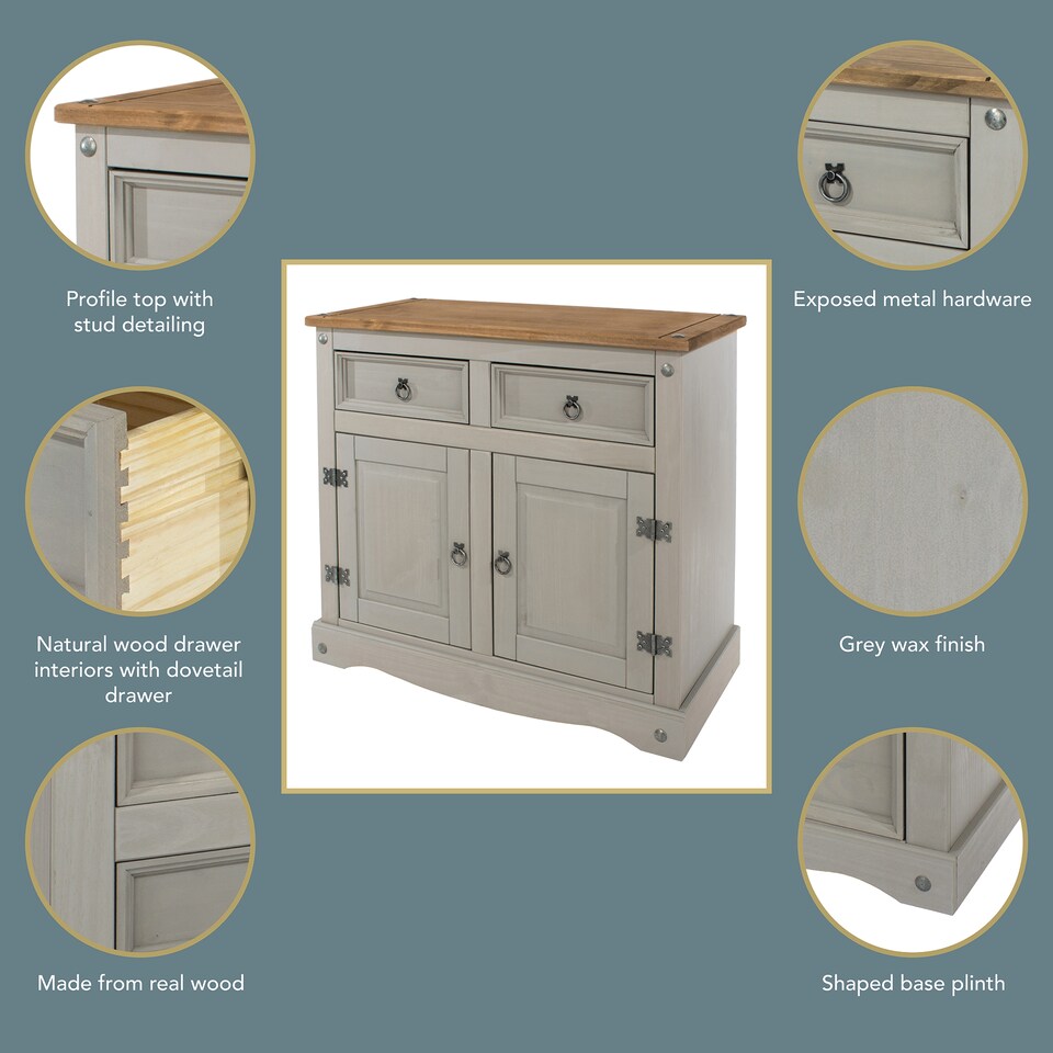 image 1 of Corona Small Sideboard in Antique Waxed Pine - 2 Drawers and 2 Doors with Adjustable Shelf | Grey | Grey | One Size | 1