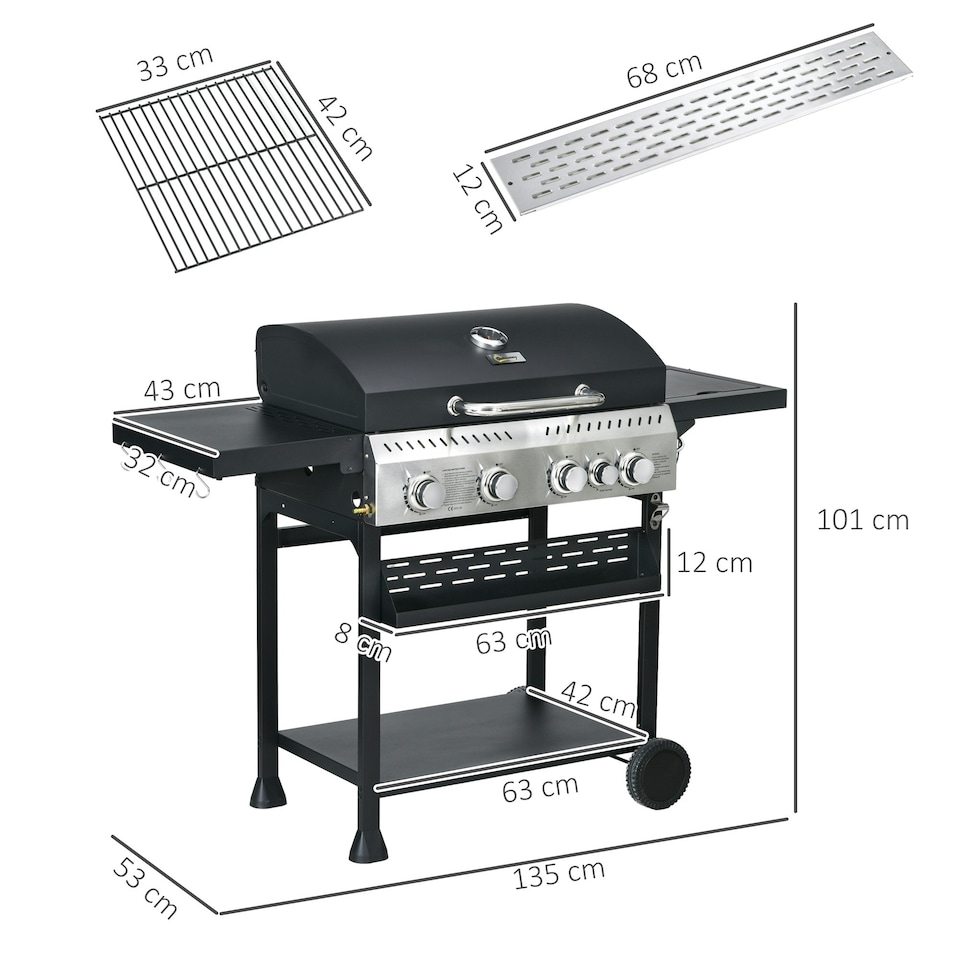image 1 of Outsunny 4+1 Burner Propane Gas Barbecue Grill with Thermometer, Bottle Opener