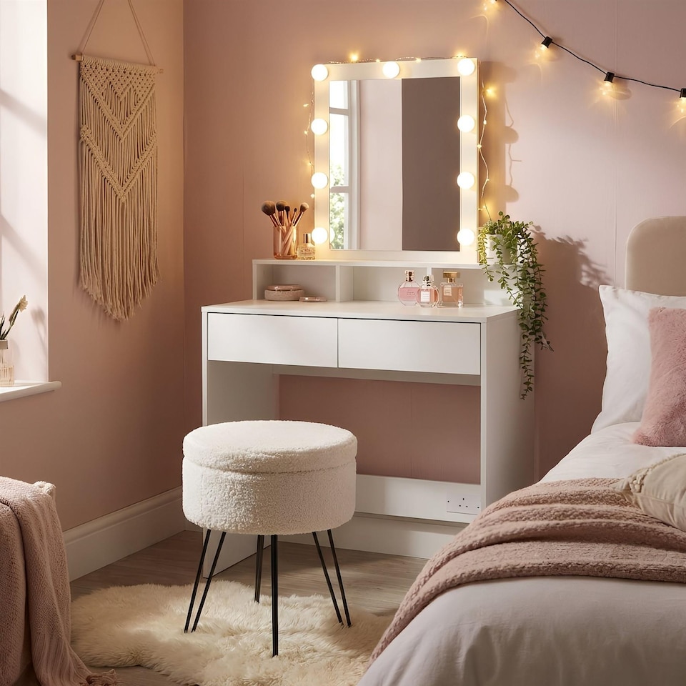 image 1 of Harbour Housewares Wooden Dressing Table Set with LED Lights & Cream Stool - White | White | White/Cream