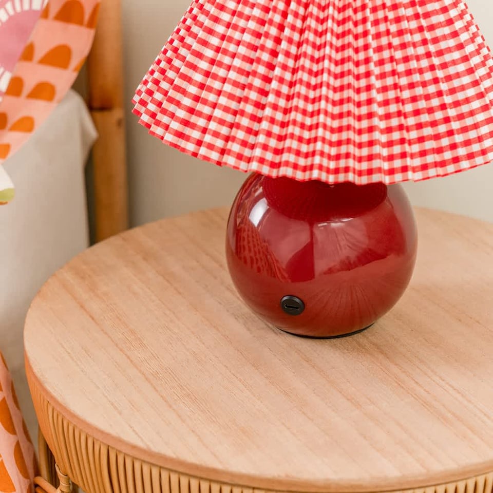 image 1 of ValueLights Burgundy Gingham Touch Button Rechargeable Table Lamp | Red
