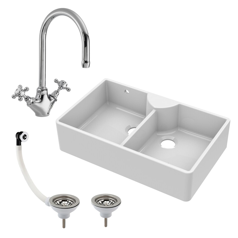 image 1 of 895mm - Double Bowl Fireclay Butler Kitchen Sink - Stepped Weir, Mixer Tap & Wastes