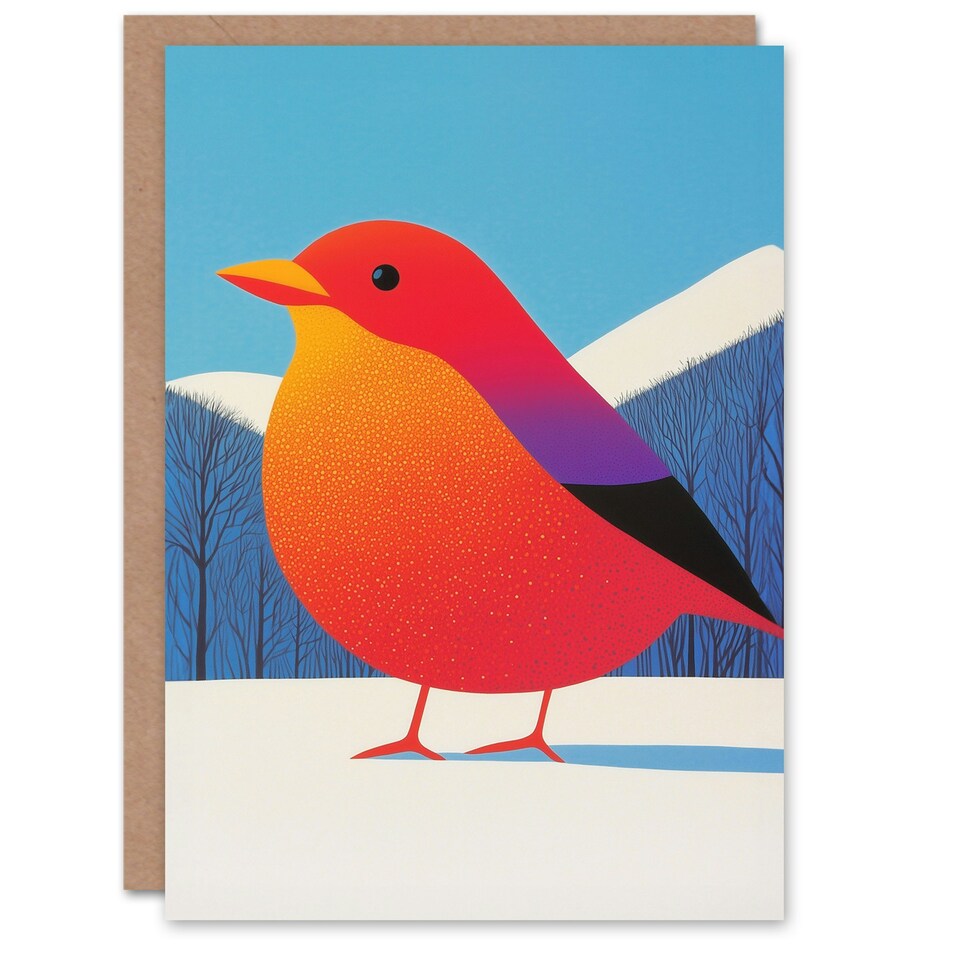 image 1 of Greeting Card Funky Robin Bird In Snow Winter Landscape Modern Blank For Him Or Her Art Xmas Christmas Card