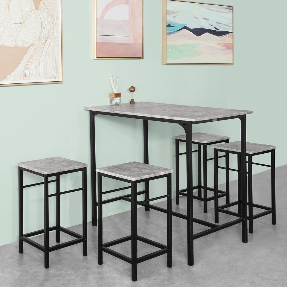 image 1 of SoBuy OGT11-HG,Industrial Dining Set Breakfast Bar Table and 4 Stools | Grey | Grey