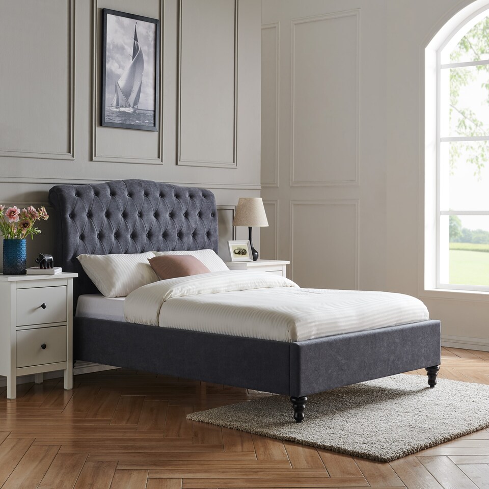 image 1 of 6ft Super King Fabric upholstered, dark grey,buttoned back,curved bed frame,bedstead