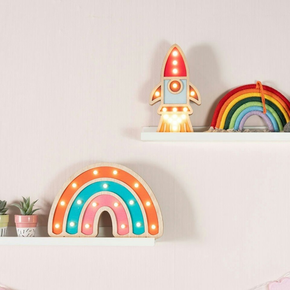 image 1 of ValueLights Kids Battery Powered Wooden Rainbow Wall Table Lamp Multi