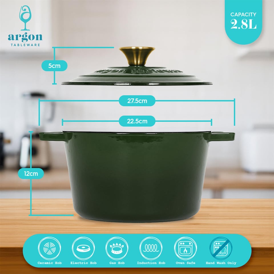 image 1 of Argon Tableware 2.8L Round Cast Iron Casserole Dish with Self-Basting Lid - 2.95QT Dutch Oven Roasting Dish Pot | Green | Green | 1