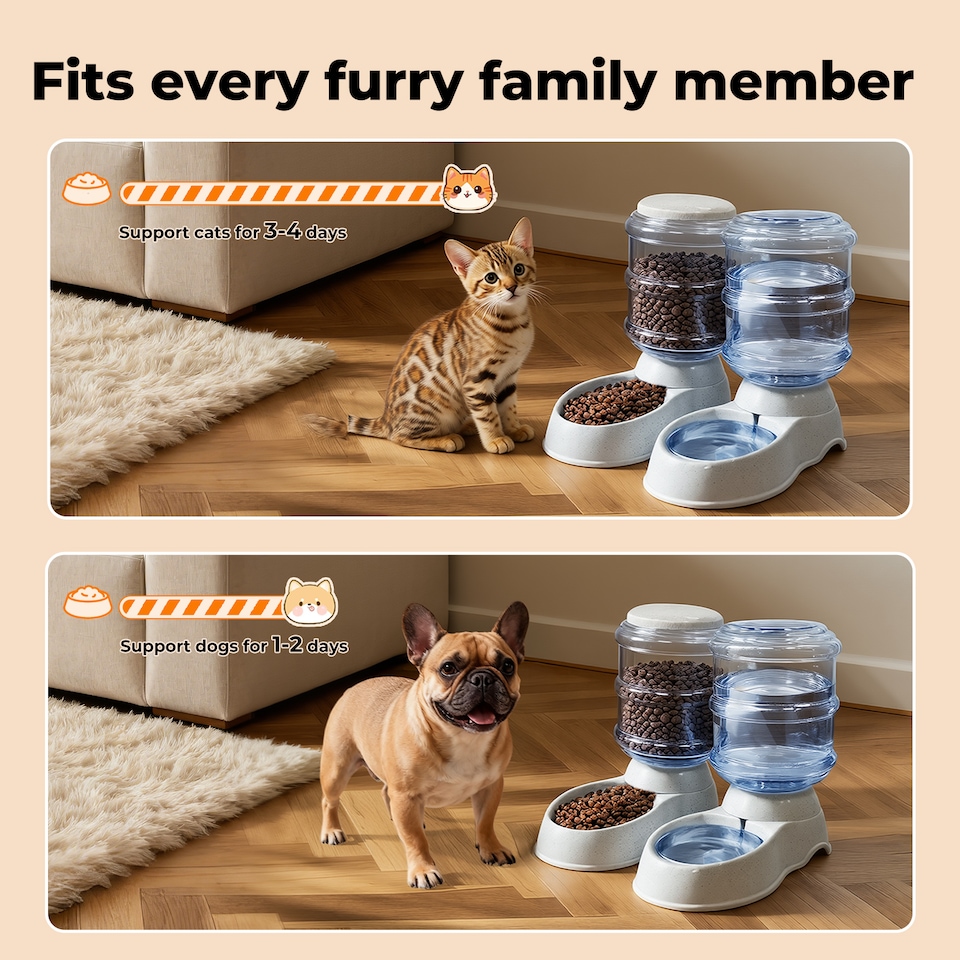 image 1 of Skylos 2 Packs Automatic Food Feeder Waterer Set Plastic Dispenser Dog Cat 3.5L