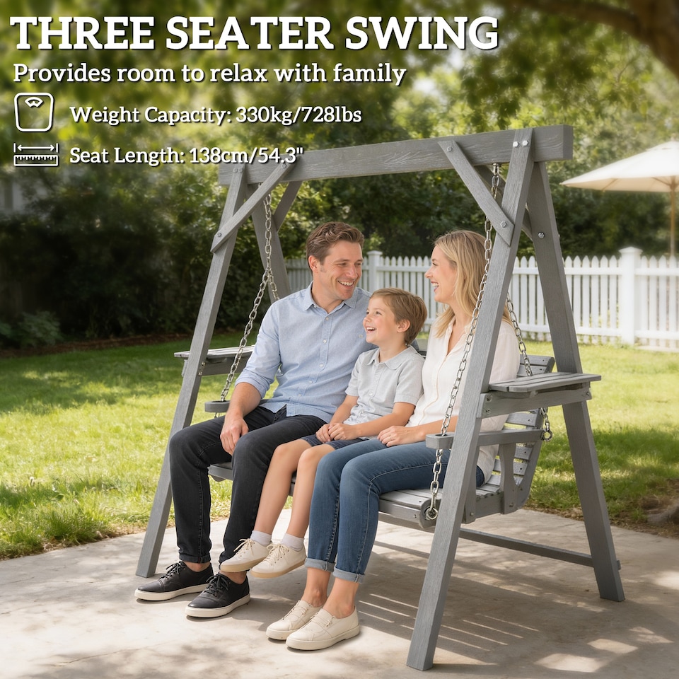 image 1 of Outsunny 3 Seater Wooden Garden Swing Chair with Side Tables, Dark Grey | Grey | Dark Grey | L