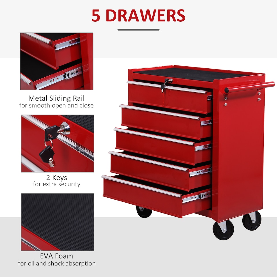 image 1 of HOMCOM 5 Drawer Tool Box, Lockable Steel Tool Chest on Wheels, Rolling Chest Cabinet with 5 Drawers and Handle for Workshop, Garage, Red | Red | 1