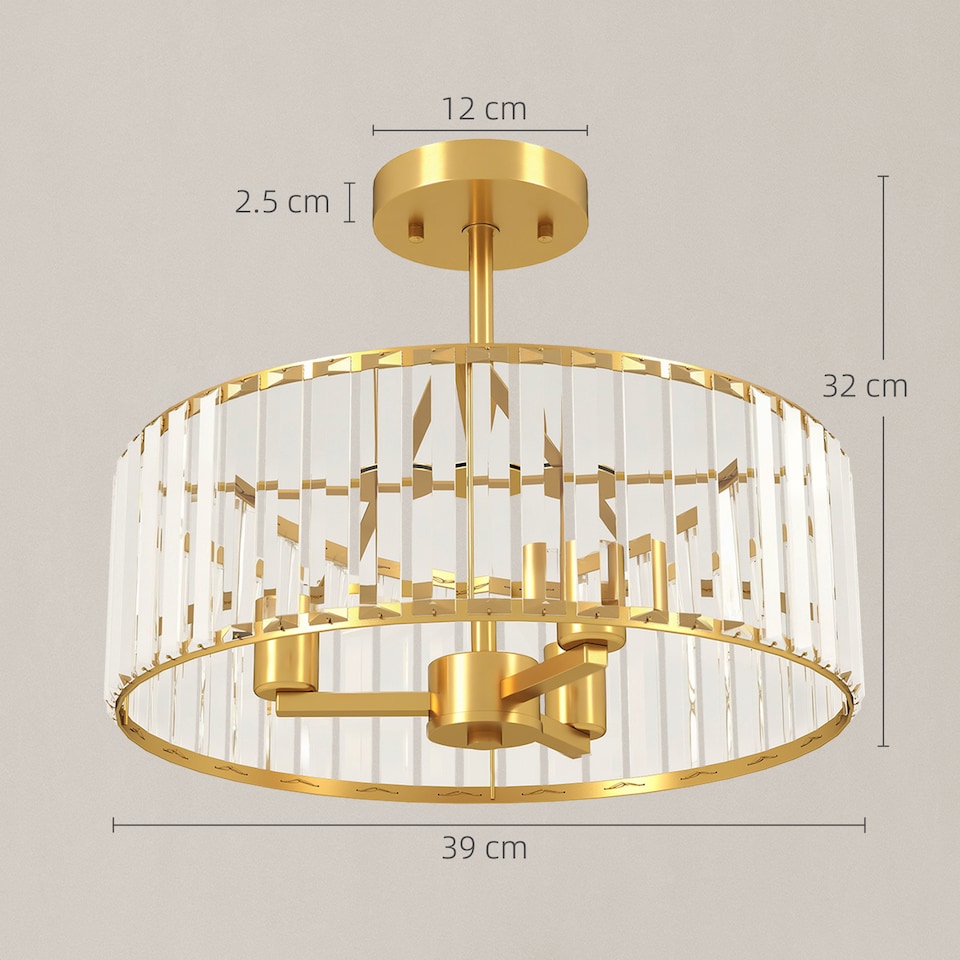 image 1 of HOMCOM Semi Flush Mount Modern Crystal Chandelier Ceiling Light, Gold Tone