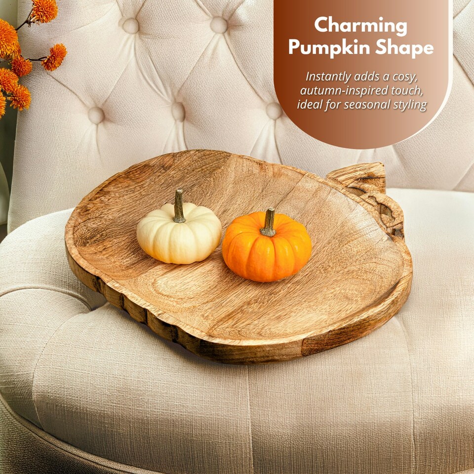 image 1 of Marco Paul Wooden Pumpkin Decorative Tray 30cm Autumn Centrepiece Brown