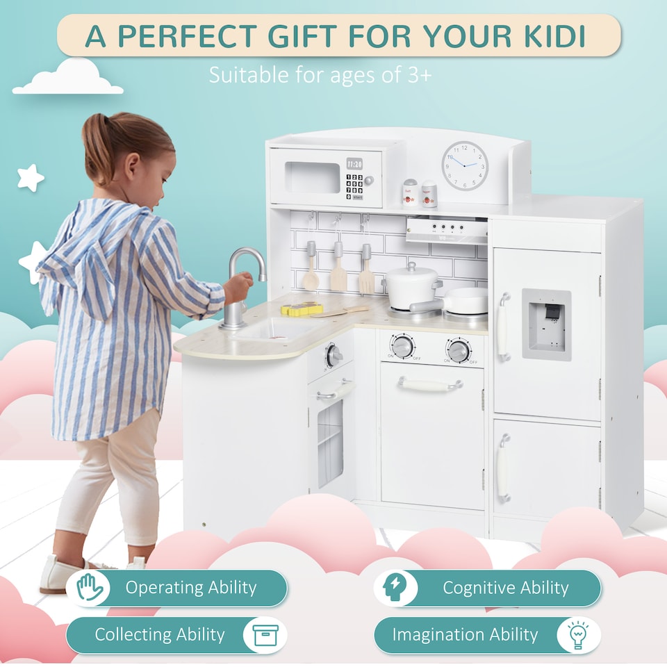 image 1 of HOMCOM Kids Play Kitchen Wooden Toy Kitchen Cooking Set for Children with Drinking Fountain, Microwave, and Fridge White
